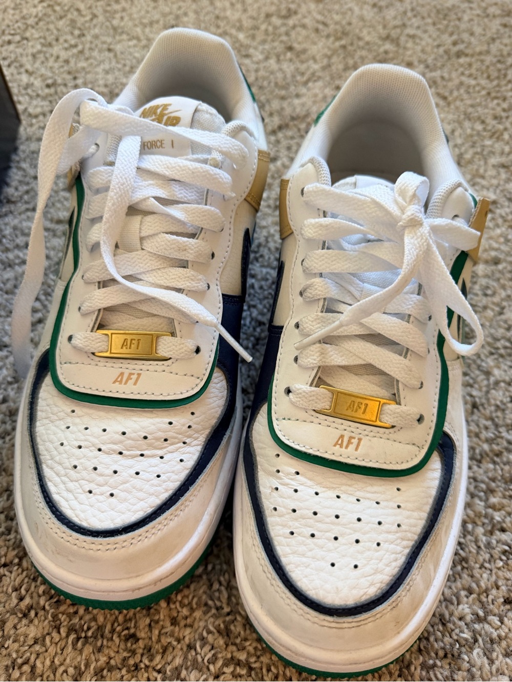 Nike AF1 White Navy Green Sneakers with Gold Accents size 8